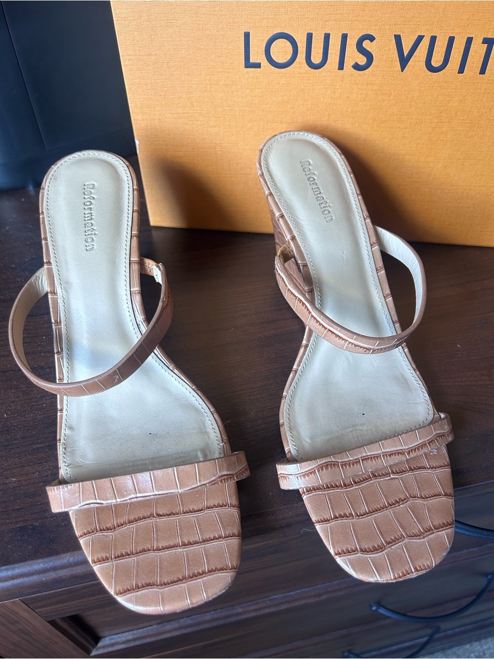 Reformation Croc-Embossed Tan Strap wedge